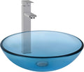 Bathroom Vessel Sink, Tempered Glass Vanity Round Bowl, Clear Blue | Chrome Faucet, Pop Up Drain, Above Counter, Easy Clean