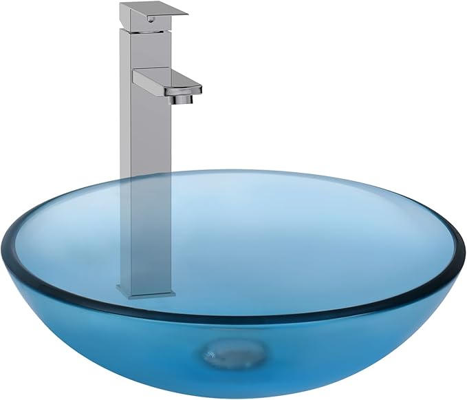 Bathroom Vessel Sink, Tempered Glass Vanity Round Bowl, Clear Blue | Chrome Faucet, Pop Up Drain, Above Counter, Easy Clean