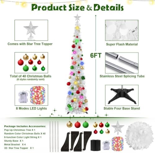 N&T NIETING Pop Up Christmas Tree with Lights & 30 Balls, 5Ft Collapsible White Tinsel Skinny Tree Decorations for Holiday Xmas Home Office Decor