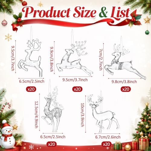 Syhood 100 Pcs Crystal Christmas Tree Ornaments, Reindeer