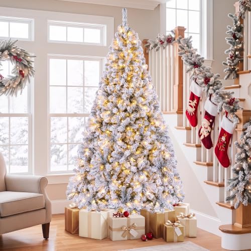 Happygrill 7.5FT Christmas Tree, Premium PVC Needles, 1010 Branch Tips, Pre-Lit Flocked Snow Hinged Pine Tree with Solid Metal Stand, 450 LED Lights, Ideal for Holiday Decoration, White