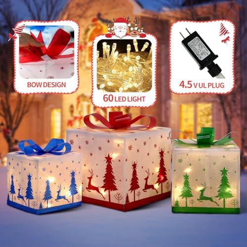 DomKom Set of 3 Lighted Gift Boxes, 60 LED Light Up Nesting Boxes with Metal Frame, Reindeer & Snowflake Design for Xmas Tree Party Indoor Outdoor Holiday Decorations