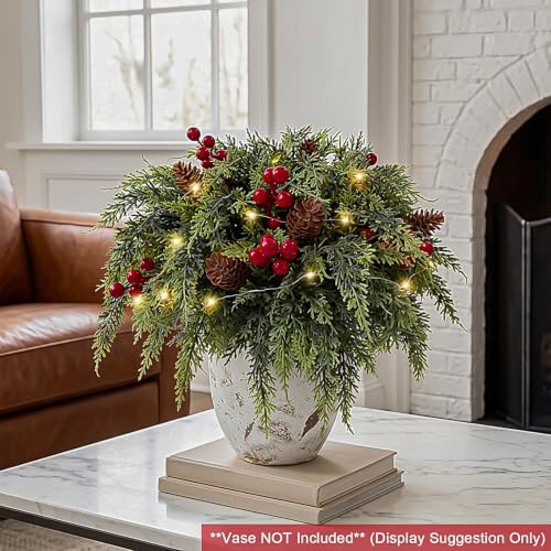 24 Piece Set: 12Pcs Christmas Cedar Branches with LED Lights, Red Berries
