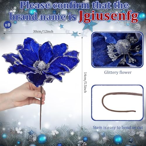 Thiccywoov 8 Pack Large 12'' Christmas Velvet Magnolia Flowers, Blue