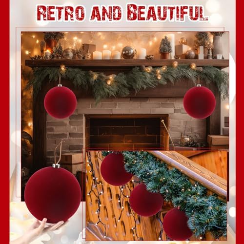 Weysat 6 Pcs 8 Inch Giant Velvet Christmas Ball Ornaments, Burgundy Red