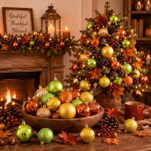 Lunmon 64 Pcs Fall Ornaments Orange Lime Green Autumn Thanksgiving Bulbs