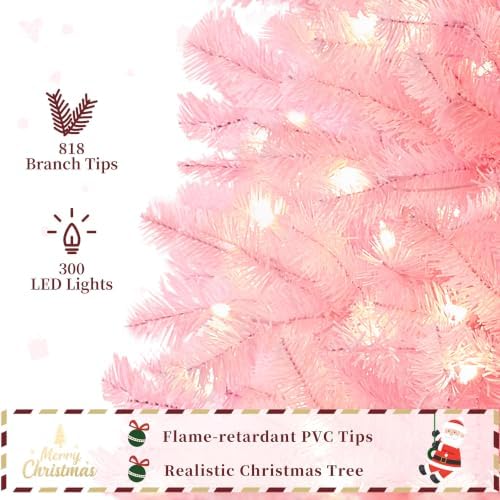 Yaheetech 6ft Pre-lit Christmas Tree with 300 Warm White Lights, Pink