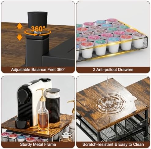 Coffee Station Organizer, Countertop Coffee Bar Holder with 3 Drawers,60 Compatible with K Cups Coffee Pods, Capsules, Rustic Storage for Tea Bags, Syrup Rack, Kitchen, Apartment, Home, Office