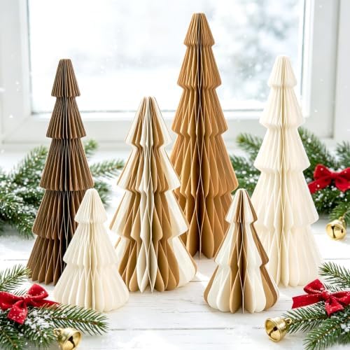 SUNBEAUTY Paper Christmas Trees,Neutral Christmas Honeycomb Tree Centerpiece，3D Modern Table Decoration for Xmas Holiday Party,New Year（Brown