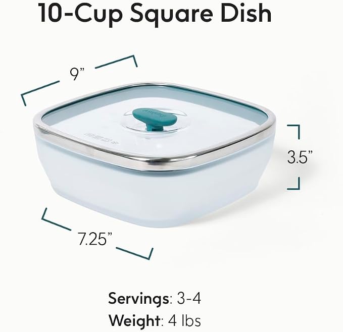Anyday 10-Cup Square Glass Food Storage with Glass Lid | Plastic-Free Meal Prep & Microwave Cookware | Stackable Airtight Storage Container with Vented Lid for Microwave-Safe Reheating