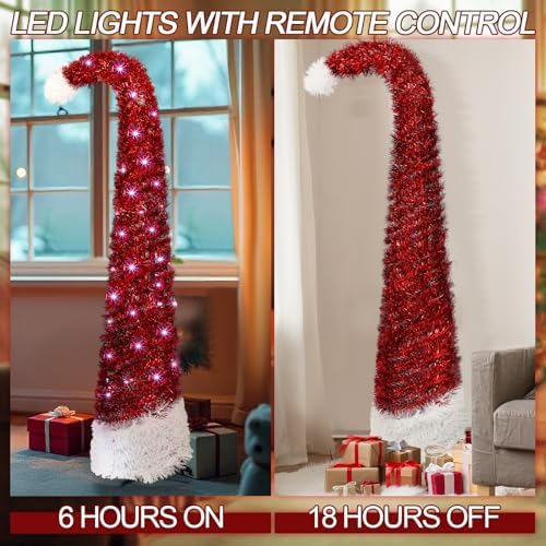 Aurelema 5 ft Curved Pop up Christmas Tree with 50 LED Lights Tinsel Red