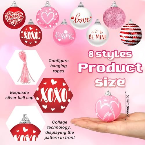 Outus 16 Pcs Valentine's Day Tree Ornaments Ball Vintage Happy Valentine's Day Decorations for Tree Red and Pink Love Kisses Xoxo Pattern Hanging Ornaments Home Farmhouse Holiday Fireplace Party Decor