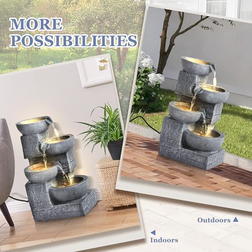 Grepatio 4-Tiers Indoor/Outdoor Garden Water Fountain, 21.9" H Cascading Water Feature Waterfalls Fountain with 4 LED Lights, Outdoor Floor Standing Water Fountains for Garden, Yard, Decor (Grey)