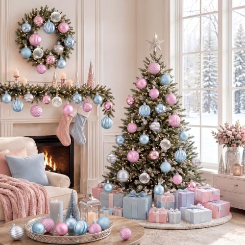 Lunmon 64 Pcs Pastel Christmas Ball Ornaments for Tree Pink Blue White Silver Xmas Bulbs Ornaments 1.6/1.97/2.4 Inch Macaron Candyland Baubles Shatterproof Christmas Decorations for Tree Home Wreath
