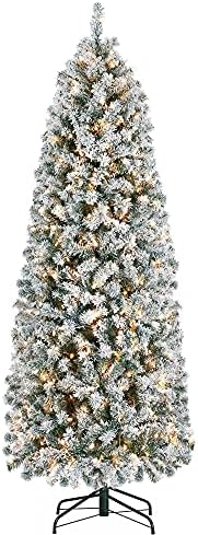 Yaheetech 6ft Pre-lit Snow Flocked Pencil Christmas Tree, Green & White