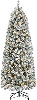 Yaheetech 6ft Pre-lit Snow Flocked Pencil Christmas Tree, Green & White
