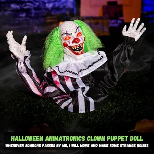 Halloween Animatronics Clown Decorations Outdoor, Animated Groundbreaker Clown Scary Talking Clowns with Sound & Motion Activated, Lighted Eyes, Creepy Sound, Movable Arms for Graveyard Haunted House