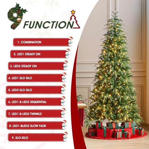 Glitzhome Prelit Christmas Tree, 7.5ft Slim Christmas Tree, Hinged Artificial Tree Radiant Evergreen Fir with 400 Warm White/Multi-Color LED Lights,9 Function,w/Remote Control,Easy Assembly
