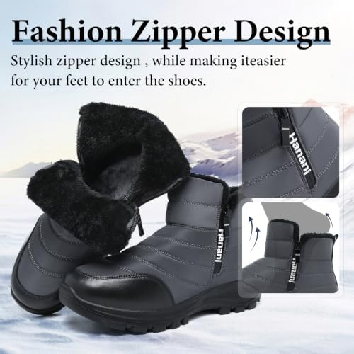 Hanani Mens Winter Snow Boots Fur Lined Warm Ankle Boots Zipper Closure Waterproof Outdoor Boots Men's Lightweight Comfortable Shoes