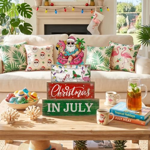 Lineshading 4 Pcs Christmas in July Table Decor Summer Santa Wooden Signs