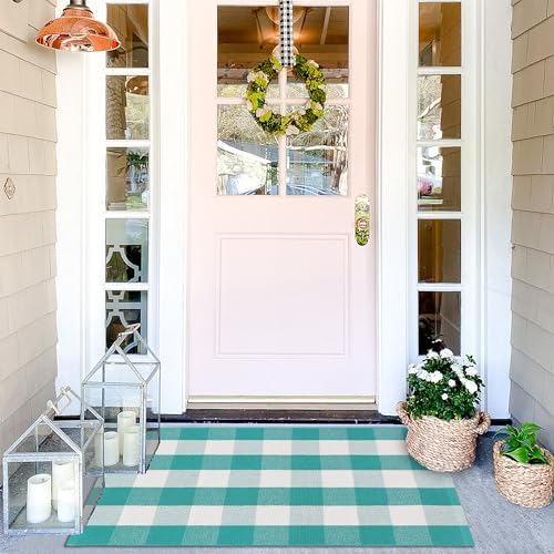 Spring Green & White Plaid Rug - 28 x 43 Inches Outdoor Front Door Decor Mat Cotton Washable Hand-Woven Rug Christmas New Year Holiday Porch Entryway Layered Doormat