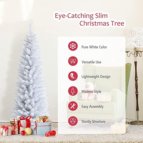 5FT White Pencil Christmas Tree, Artificial Christmas Tree w/Premium PVC Needles, Pine Tree w/Solid Metal Stand, Ideal for Home, Office, Shops, Holiday Decoration