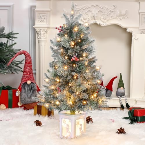 GAOMON 3ft Prelit Snow Flocked Christmas Tree with White Snowman Box Base