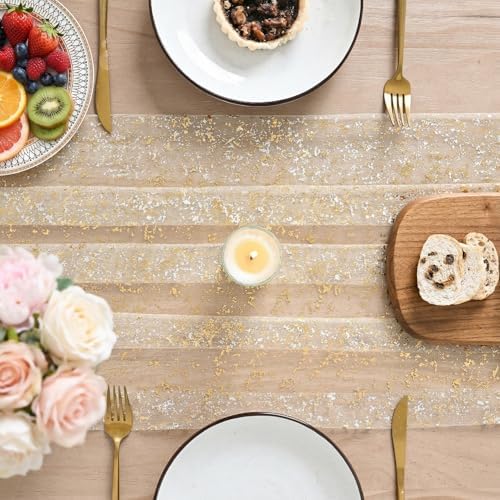 Artoid Mode Gold Gauze Champagne Table Runner 120 Inch 10FT, Glitter Metallic Foil Sheer Dining Wedding Anniversary Holiday Birthday Table Decor for Home Party