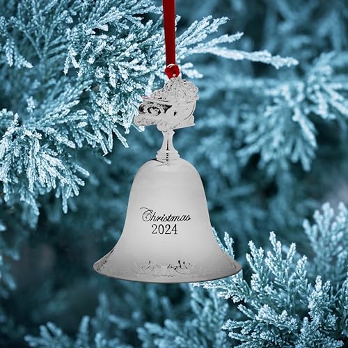 Wallace Grande Baroque Silver Plated Christmas Bell Ornament 2024-30th Anniversary Edition with Santa Sleigh Finial, Collectible Holiday Tree and Mantel Decor
