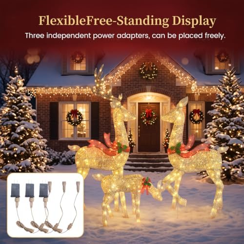 5.2FT Animatronic Christmas Reindeer Family Set - 3Pcs Large Lighted Christmas Deer with 300 LEDs & 3 Motors, Moving Heads and Stakes for Christmas Decorations Outdoor Yard - Gold