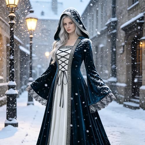 Colorful House Women Hooded Medieval Renaissance Dress Halloween for Adult
