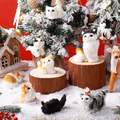 Skylety 10 Pieces Forest Animals Ornaments Woodland Animal Faux Fur Plush Hanging Ornaments Family Educational Playset for Fall, Winter Birthday Party Supplies(Cats)