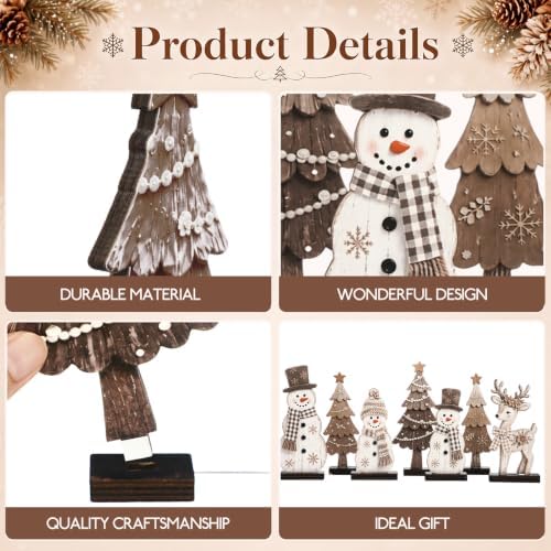 7 Pcs Christmas Table Decor Wooden Snowman Tree Deer Decor, Brown