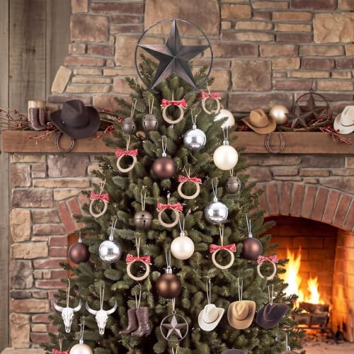 46 Pcs Western Christmas Tree Decorations Star Tree Topper Cowboy Hat Christmas Balls Bow Napkin Rings Metal Bells Western Cowboy Hanging Ornaments for Xmas Home Office Decorations