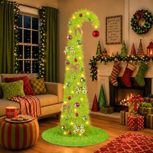 6FT Whimsical Pop-Up Christmas Tree with Lights 30” Tree Skirt, Green