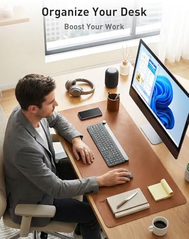 Aothia Faux Leather Desk Mat - Non-Slip PU Leather Desk Blotter, Waterproof Writing Surface, Large Desk Pad for Office & Home (Brown, 55" x 24")