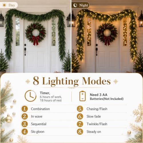 N&T NIETING 9FT Christmas Norfolk Pine Pre-Lit Garland with 70 LED Lights Real Touch Prelit Garland Christmas Greenery Garlands for Table Mantle Fireplace Stairs Indoor Outdoor Xmas Decorations