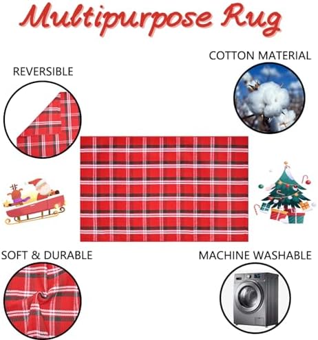 Christmas Red Green White Plaid Rug, 24"x 51" Cotton Hand-Woven Buffalo Check Layered Door Mat for Front Porch, Entryway, Outdoor Holiday Decor, Washable Farmhouse Rug for Home, Patio, Kitchen