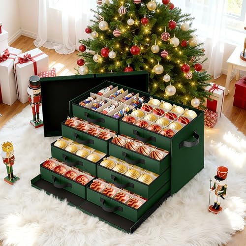 Christmas Ornament Storage Box - Ultra Large Drawer Ornament Organizer with 8 Separate Trays & Adjustable Dividers, Portable Ornaments Box with Cover & Handle for Holiday Decorations(Green)