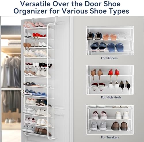 Whitmor 36 Pair Over the Door Shoe Rack,12 Tier Hanging Shoe Organizer with Metal Frame & Mesh Shelves, Heavy Duty Shoe Storage Holder for Door, No Drill Installation, 74" H x 21.7" W x 7.5" D, White