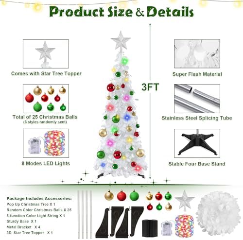 N&T NIETING Pop Up Christmas Tree with Lights & Ornaments, 3FT, White