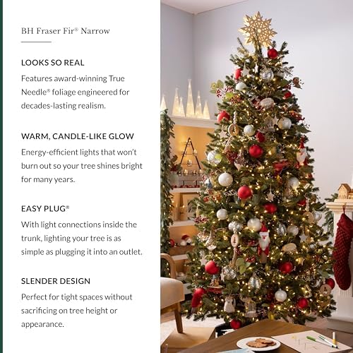 Balsam Hill BH Fraser Fir Narrow - Realistic Slim Christmas Tree with True Needle Foliage, Easy Plug Technology & Space-Saving Design, LED Clear, 12ft