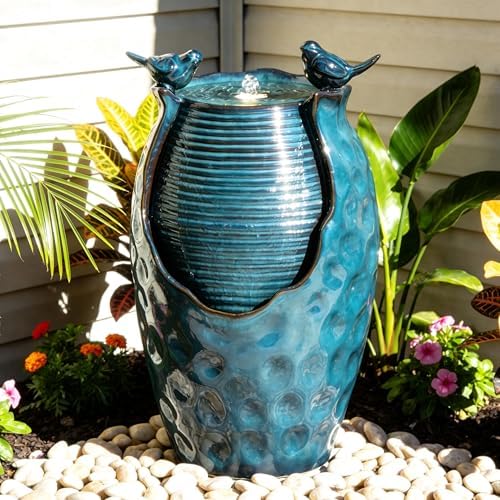 Autodaya 25" H Jar Ceramic Outdoor Water Fountain with LED Lights and Birds