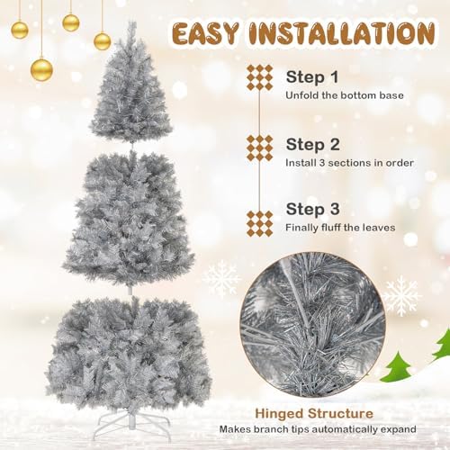 HAPPYGRILL 7 FT Pre-Lit Christmas Tree Silver Tinsel Artificial Xmas Tree with 807 Branch Tips, 400 Warm White LED Lights, Upgraded Metal Stand, Hinged Decoration Tree, Festive Celebration Tree