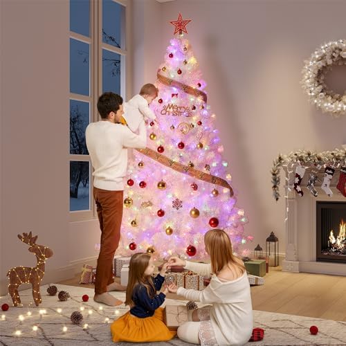 GarveeHome 6 ft Prelit Artificial Christmas Tree with 250 Warm White Lights, Pre-Lit Snow Flocked Pencil Christmas Tree, Foldable Base,Holiday Decoration for Home, Office, Party,Laser White