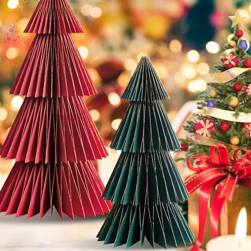 SUNBEAUTY 4PCS Paper Christmas Tree Honeycomb Centerpiece 3D Xmas Trees Table Centerpiece Paper Tree Christmas Home Decoration Vintage Christmas Decorations for Home Xmas Holiday Party