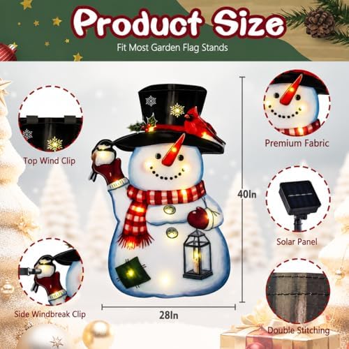 28x40 Lighted Christmas Snowman Garden Flag, 8 Modes Solar LED