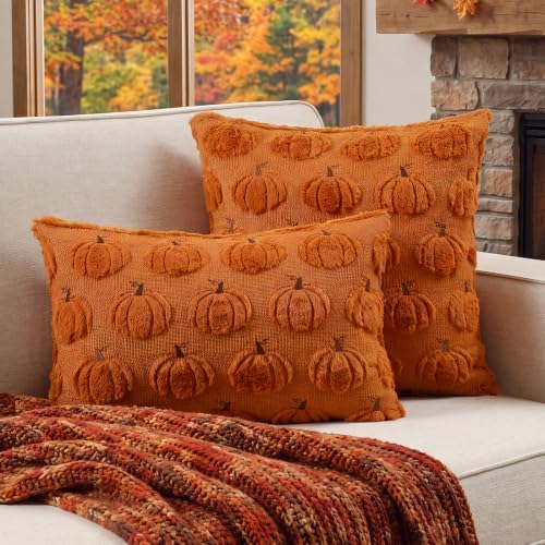 Fall Throw Pillow Covers 12x20 Set of 2 Rust Pumpkin Lumbar Covers