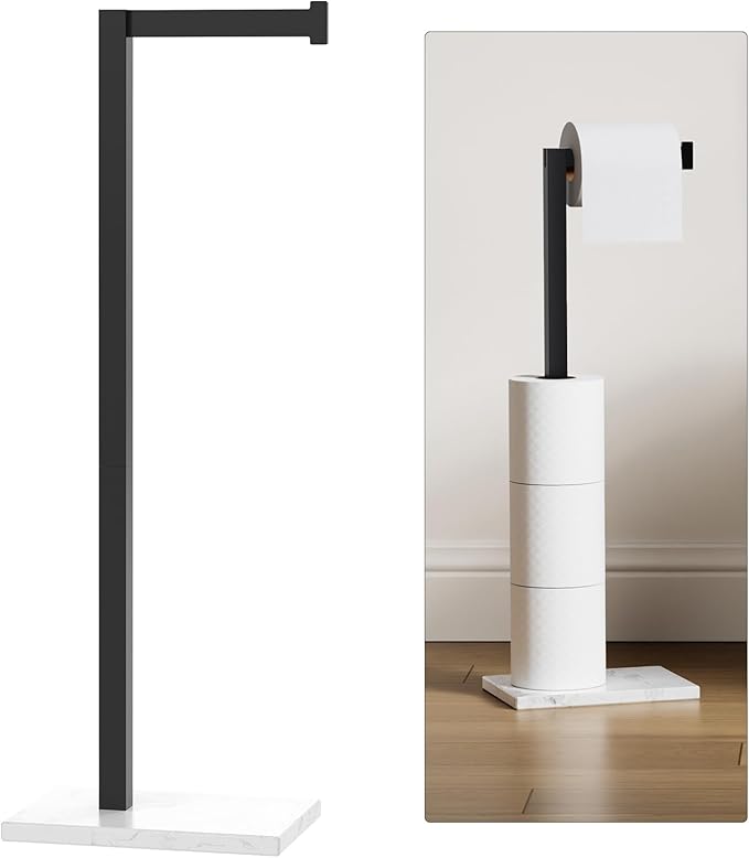 Matte Black Toilet Paper Holder with Marble Base Stand Freestanding Tissue Roll Holder SUS 304 Stainless Steel Rustproof for Pedestal Lavatory with Organization L-Shape Tissue Storage by Homevacious