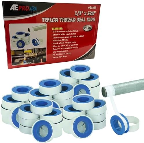 ATE Pro. Tools - Teflon Tape, Industrial Sealant Tape, Threaded Pipe Tape, Plumbing Tape, Temperature Range of -450F to +550F, 1/2" X 520", White - 200 Pack